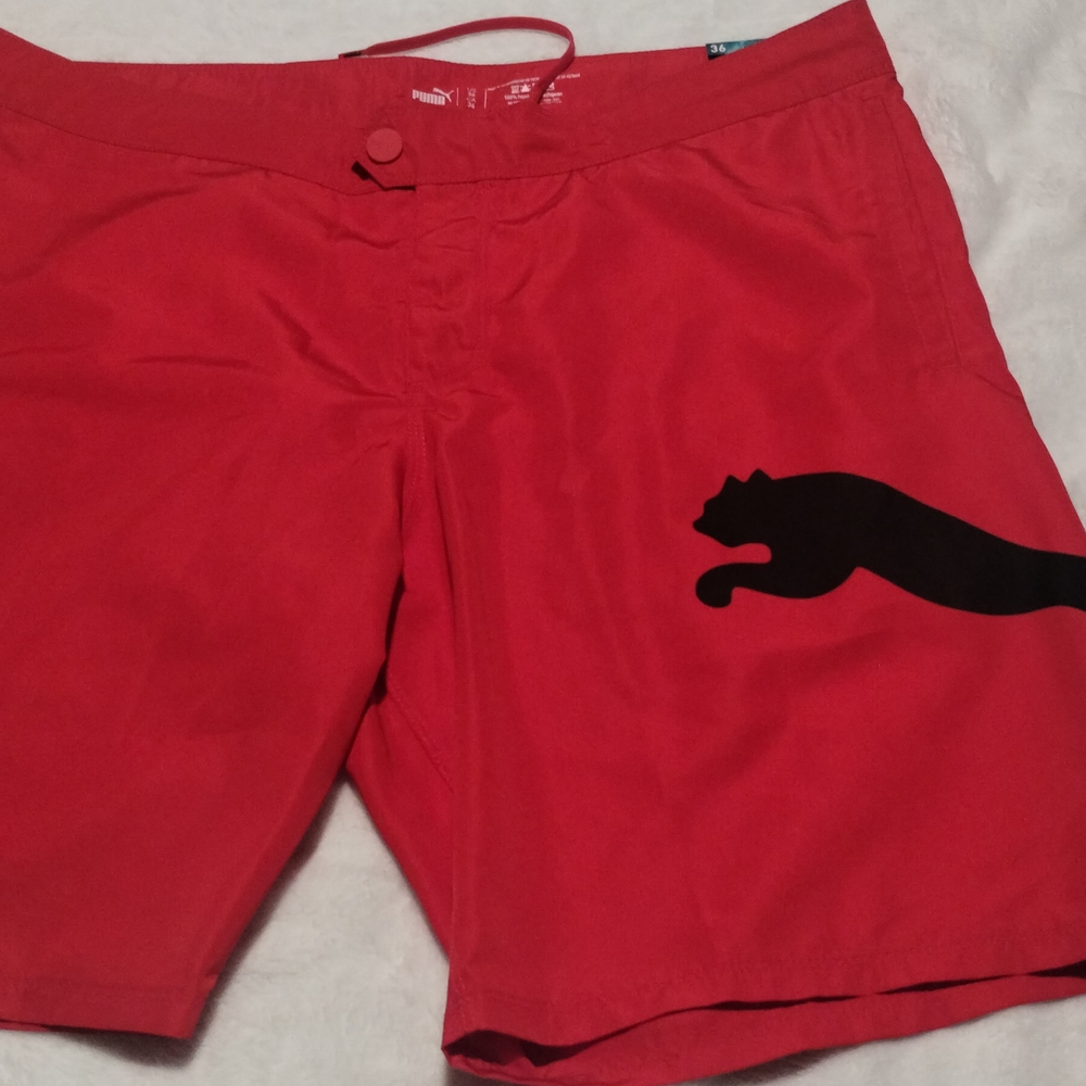 Puma Red and Black Swim Trunks Quick-Dry Elastic Waistband